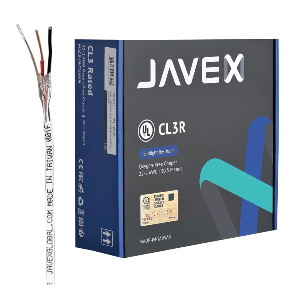 JAVEX 22/2 UL13 CL3 Wire 22-Gauge AWG [100% Shielded, Oxygen-Free Copper] HighFlex Copper Strands for Security, Control and Alarm System Installation, White, 100FT