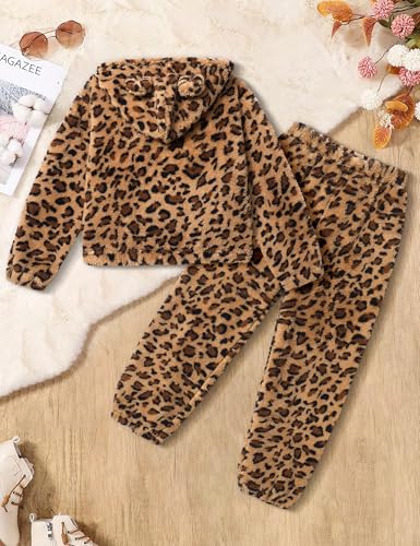 Image of Shallmu Girls Fuzzy Bear Ear Plaid Hoodie Pullover Sweatshirt with Pocket Sweatpants Fall Winter 2 Piece Outfits