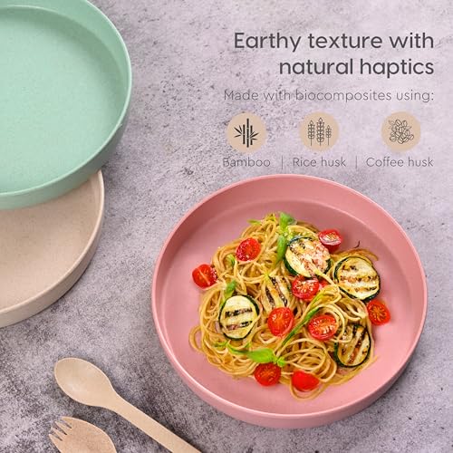 Image of Eha Earth Friendly Verde Round Plates | Set of 4 | 8 inch | Made with Rice Husk Biocomposite | Breakfast Plates | Unbreakable Dinner Plates Set | Microwave Safe | Multicolor