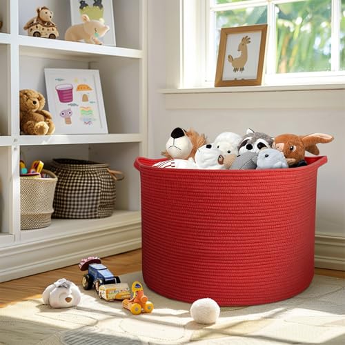 Image of MEGASKET 115L Extra Large Red Basket for Organizing, 23.6 inchx15.7 inch Jumbo Woven Cotton Rope Bins for Blankets, Baby Nursery Laundry Basket, Kids Dog Toy Storage Box, Huge Red Living Room Decor Organizer
