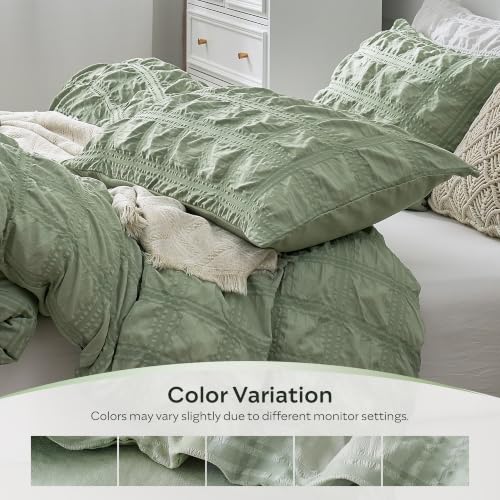 Image of JELLYMONI Seersucker Duvet Cover Set Queen, 3pcs Light Green-Grid Polyester | In Master Bedroom, Couples Pick, Crinkled Texture, Oeko-Tex Certified, 8 Corner Ties & Hidden Zipper