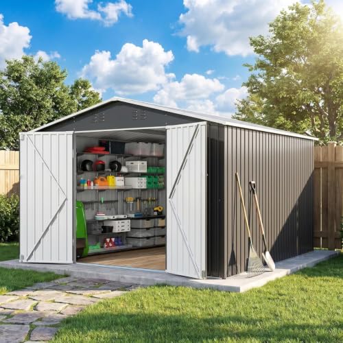 Image of Polar Aurora 10 x 10 FT Storage Shed | Outdoor Metal Shed with Updated Frame Structure, Tool Garden Sheds for Backyard Garden Patio Lawn, Black