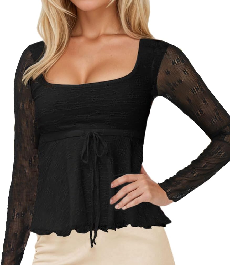 Women Y2k Square Neck Sheer Mesh Ruffle Hem Babydoll Tee Shirt Long Sleeve Lace Up Lettuce Trim Layered Peplum Top