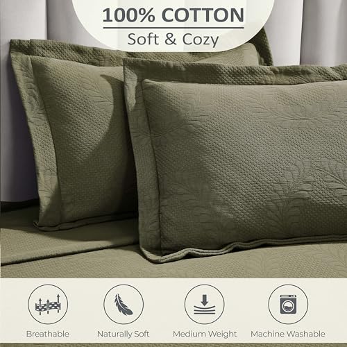 Superior 3 Piece Cotton Bedspread Set, Home Bed Decor, Decorative Bed Spread, 2 Pillow Shams, Medium Weight Blanket, Matelasse Coverlet, Bedding Essentials, Peploi Collection, King, Olive Green
