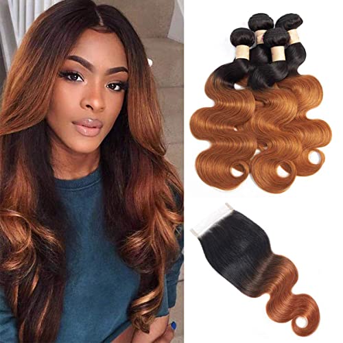 Feelgrace ombre brown Brazilian body wave human hair bundles with closure Brazilian virgin and remy hair closure with bundles free part Swiss lace closure 16 18 20 with 14