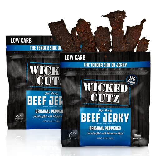 Image of Wicked Cutz Original Peppered Beef Jerky, 36g Protein Per Bag, Tender & Easy to Chew Alternative to Beef Sticks, USA Made High Protein Carnivore Snacks (2 Bags)