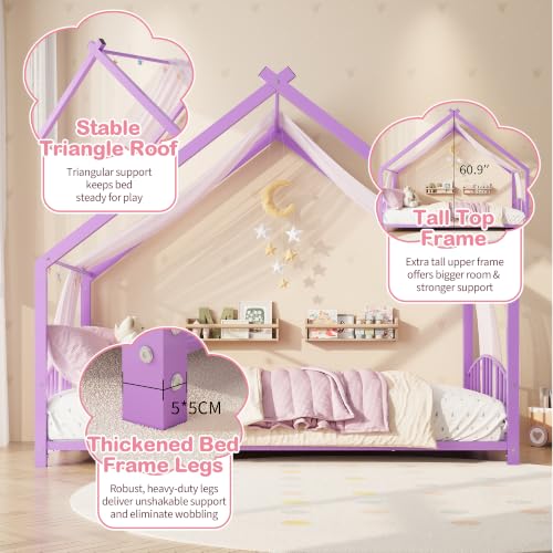 Image of Garvee Twin Size House Shape Bed Frame with Rail, Purple