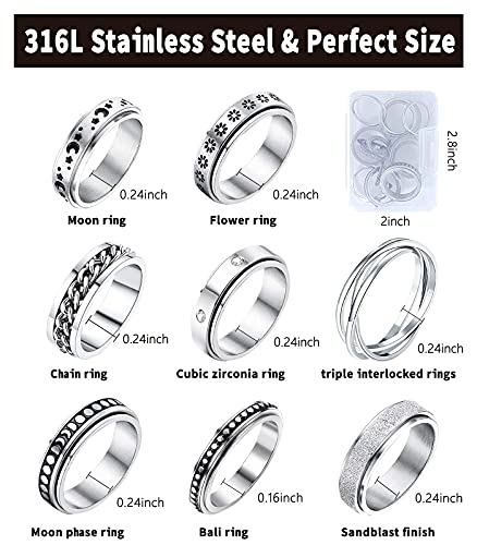 Mucal Fidget Rings For Anxiety 8Pcs Stainless Steel Spinner Ring Anti Anxiety Ring Spinning Moon Star Cool Stress Relieveing Rings thumb #4