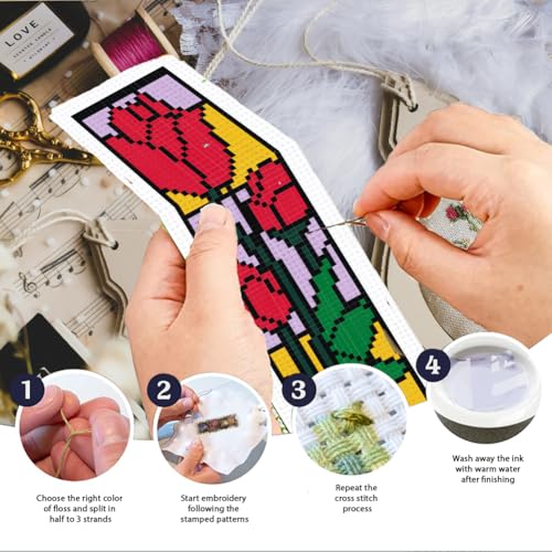 Image of INFUNLY 6 Set Rose Window Cross Stitch Bookmark Kits for Beginners DIY Red Rose Embroidery Bookmark Kits with Instructions Flower Window Pre-Printed Bookmark Kit for Book Lovers Readers Women Gifts