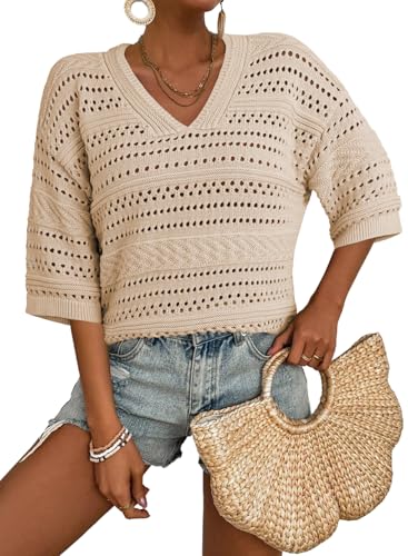 Image of Acelitt Crochet Tops for Women Summer Short Sleeve Sweater