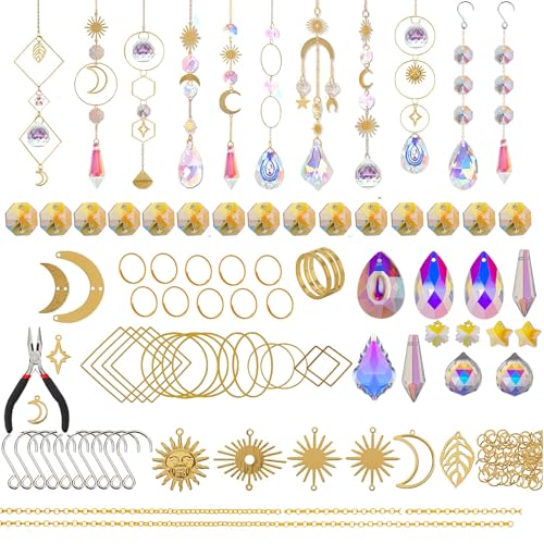 Lot de 200 attrape-soleil en cristal - Kit de bricolage - Attrape-soleil - Carillon éolien en cristal - Avec pendentif en cristal - Attrape-soleil suspendu - Pour jardin extérieur - Doré