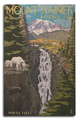 Mount Rainier National Park, Washington, Myrtle Falls and Mountain Goats Birch Wood Wall Sign (10x15 Rustic Home Decor, Ready to Hang Art)