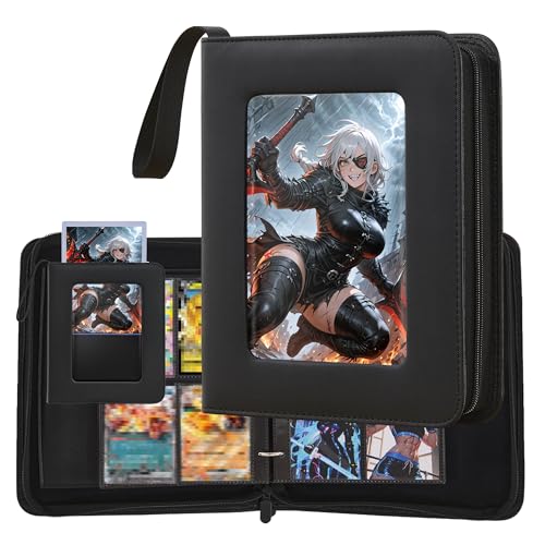 Zettokete Trading Card Binder with Display Window – 4 Pocket Binder Holds 400 Cards, Fits TCG & Standard Size Cards, Includes 2 Jumbo Toploaders and 2 Page Dividers