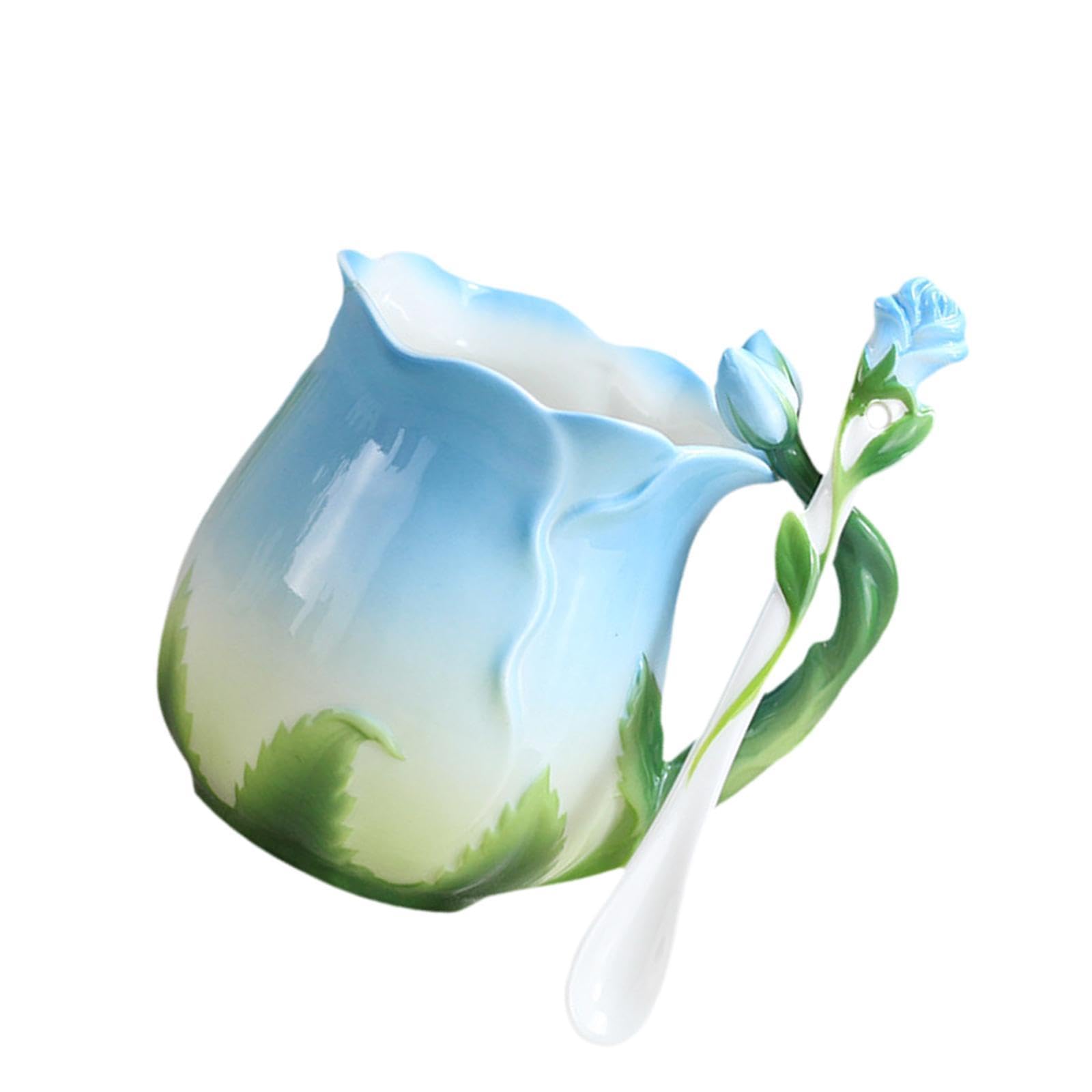 Ceramiczny kubek do kawy z łyżeczką, 10,8 uncji, niebieska porcelana, kubek poranny do latte, soków, gorących napojów, mlecznej herbaty, kubek popołudniowy z motywem kwiatowym(Blue)