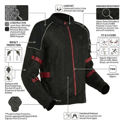 Image of Royal Enfield STREETWIND V3 RIDING JACKET | High Abrasion Polyester Mesh | 610D Cordura Impact Zones | CE Level 2 Ergo Pro-Tech Armours | Adjustable Fit | Cushioned Comfort Collar | BLACK & RED 3XL | Protective gear for bike riding