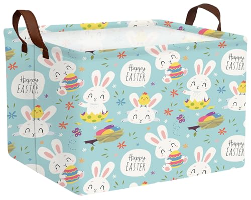 Image of Large Rectangular Easter Baskets Empty Waterproof Boy Toy Box Foldable Kid's Gifts Storage Bin Spring Room Decor(Flower Rabbit Holding Egg)