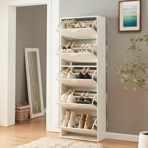 [en.casa] Armario Zapatero Sykkylven Organizador de Zapatos con 5 Puertas para 20 Pares Mueble Zapatero Estrecho para Entrada Recibidor 169 x 60 x 24 cm - Blanco