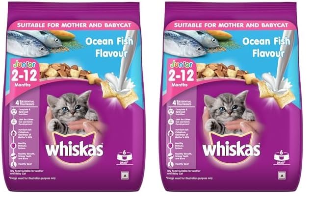 Whiskas Junior Mother Cat & Kitten (2-12 Months) Dry Cat Food, Ocean Fish Flavour, 450 g, Contains 41 Essential Nutrients, Complete & Balanced Nutrition for Mother Cats & Kittens (Pack of 2)