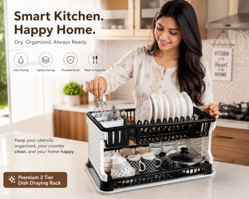 Image of JD FRESH 2 Tier Dish Drying Rack for Kitchen /Plastic Foldable Cutlery Holder for Countertop Rack /Compact Size Utensil Drainer Organizer with Water Tray /Space Saving Plate Stand (Black)