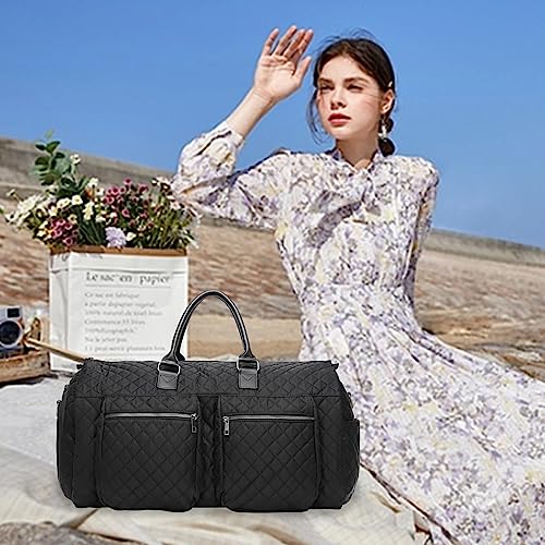 Image of Convertible Carry on Garment Bag for Women,Leather Garment Bags for Travel with Shoe Pouch 2 in 1 Hanging Suitcase Suit Bag for Women Travel Bags for Women Duffle Bag Garment Bag Gifts, A4-Black