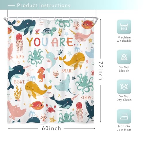 Riyidecor Ocean Kids Shower Curtain 60Wx72H Inch Funny Whale Cartoon Fish Animal Dolphin Underwater Marine Inspirational Quotes Nursery Bathroom Decor Fabric Polyester Waterproof 12 Pack Hooks - Image 3