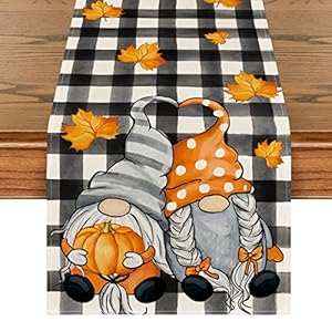 Artoid Mode Pumpkin Gnome Maple Leaf Buffalo Plaid Fall Table Runner,Autumn Kitchen Dining Table Decoration for Outdoor Home Party Decor 13×72 Inch