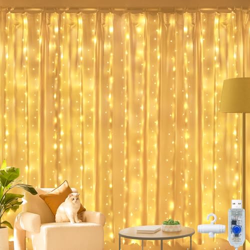 Ollny LED Lichtervorhang 2x2m, 200 LEDs Lichtervorhang innen USB...