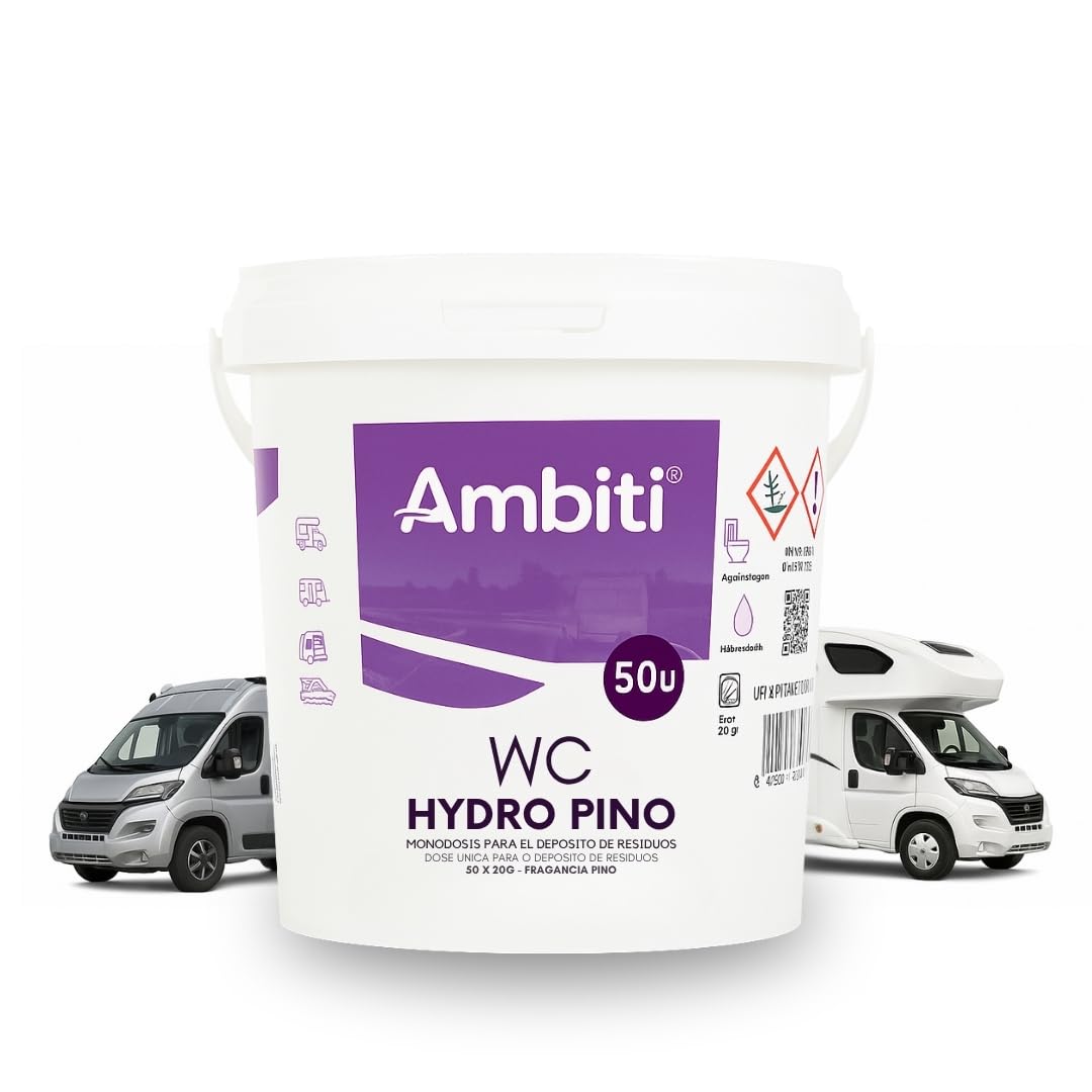 Ambiti | WC Hydro | Monodosis Hidrosolubles para Depósito de Residuos de Autocaravanas,Caravanas y Campers| Antibacteriano| Elimina Deshechos Orgánicos y Papel Higiénico| Fragancia Pino| 50ud