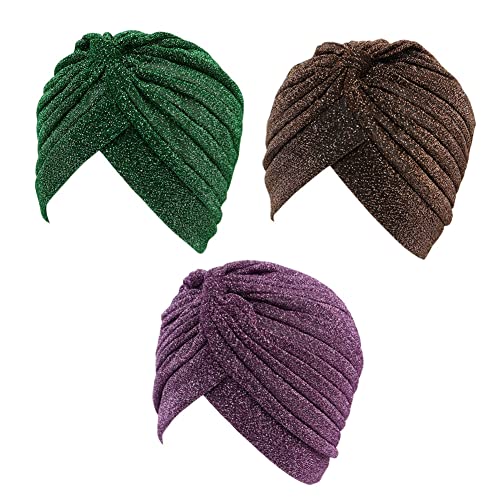 GETACOTA 3 Pieces Pleated Glitter Turban for Women Stretchy Hat Beanie Headwrap Twist Elastic Slip on Cap Headwear Accessories (3p_02)