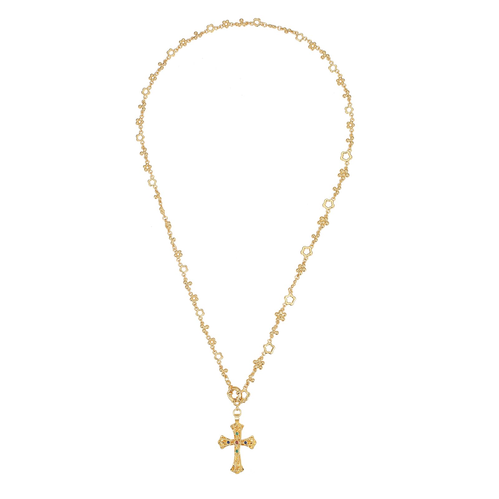 SHANG JIURUI Luxurious Gold-tone Plated Cross Necklace with Multi-Colored Faux Gemstones - Filigree Design with Adjustable Chain - Elegant Gifts for