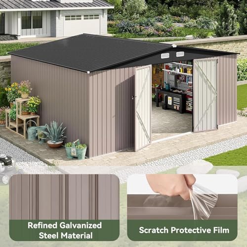 Image of Aoxun 14x12 FT Large Outdoor Storage Shed, Galvanized Metal Shed with 2 Lockable Tall Doors & Sloped Roof, Heavy Duty Utility Tool Storage House for Patio, Garden, Backyard, Lawn (Brown)
