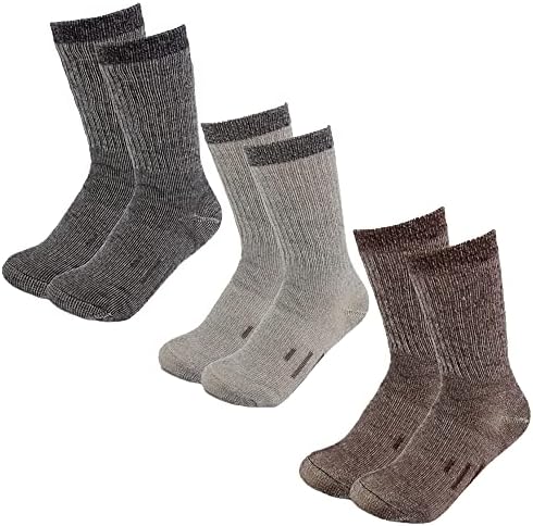 3 Pairs Thermal 80% Merino Wool Socks Hiking Crew, black, gray, brown, men’s shoe size 9-12, women’s 11-13