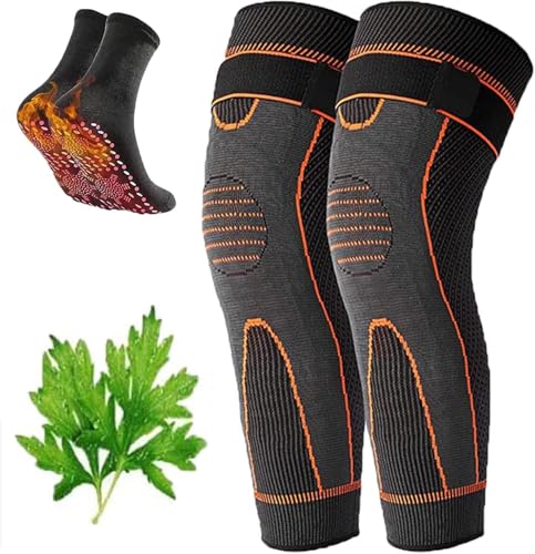 Aicao Knee Protection for Warm, Acupressure Self-Heating Knee Sleeve, with 1 Pair of Acupressure Self-Heating Shaping Socks (Orange, X-Large)
