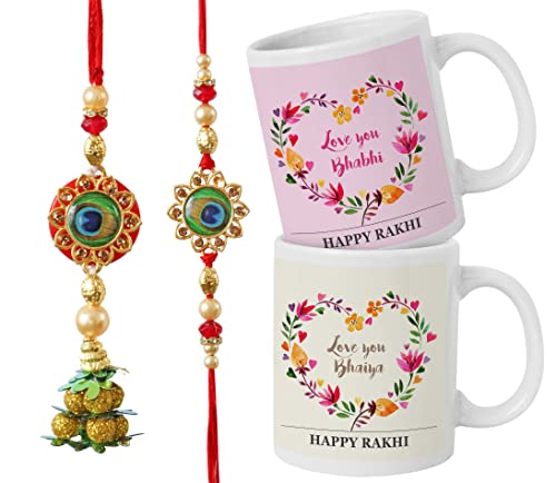 TIED RIBBONS Bhai Dooj Rakhi for Brother and Bhabhi | Printed Coffee Mugs (Set of 2, 10 Oz) | Greeting Card | Bhai Dooj Tikka Set - Rakhi Bracelet for Brother | Bhai Dooj Gift