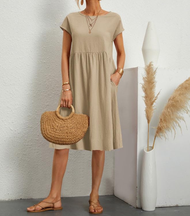 Image of BIRW Cotton Linen Dresses for Women 2025 Summer Casual A Line Flowy Dress Beach Vacation Midi Gauze Dress with Pockets
