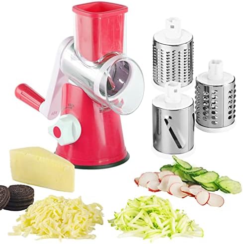 EDEFISY Rotary Cheese Grater - 3-in-1 Stainless Steel Manual Drum Slicer, Rotary Graters for Kitchen, Food Shredder for Vegatables, Nuts and Chocolate (Red)