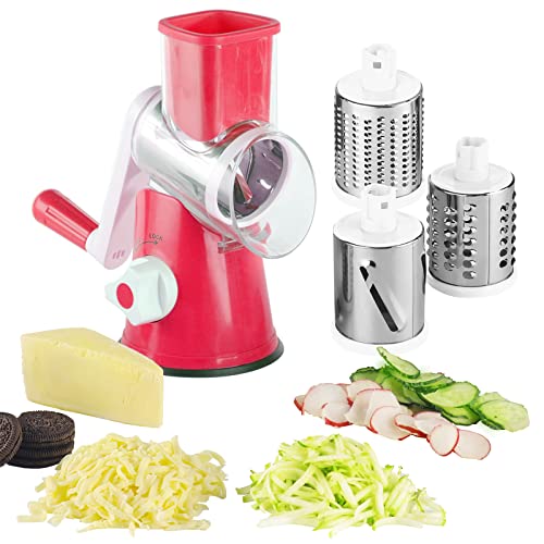 Edefisy Rotary Cheese Grater - 3-In-1 Stainless Steel Manual Drum Slicer, Rotary Graters For Kitchen, Food Shredder For Vegatables, Nuts And Chocolate (Red) #TOP3