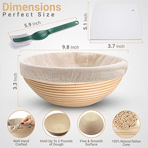 Bread Proofing Banneton Basket Set - 9 Inch Round Natural Rattan Bread Basket, With Linen Liner Cloth And Sourdough Bread Scraper Tool, Ideal Basket Gift For Professional Or Home Bakers #TOP4