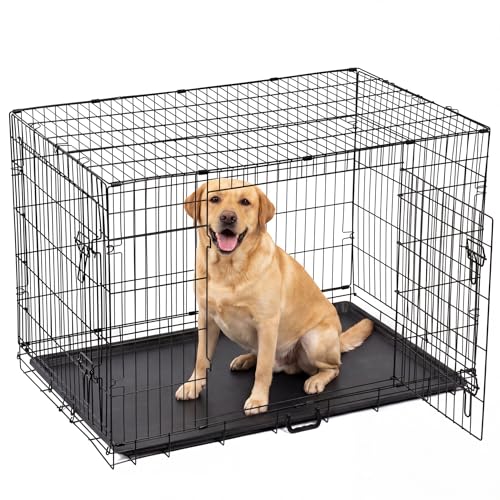 Dog Crate Extra Large Dog Puppy Pet Cage with 2 Doors (Front & Side) Large Dog Crate with Removal Tray Folding Metal Pet Dog Puppy Training Cage Crate for Large Dogs (XL 42)