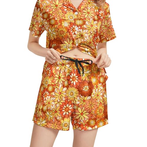 Image of Silk Satin Pajama Set for Women Summer Lounge Pjs Sets 2 Piece Suit Ladies Button Down Tops And Shorts Sleepwear