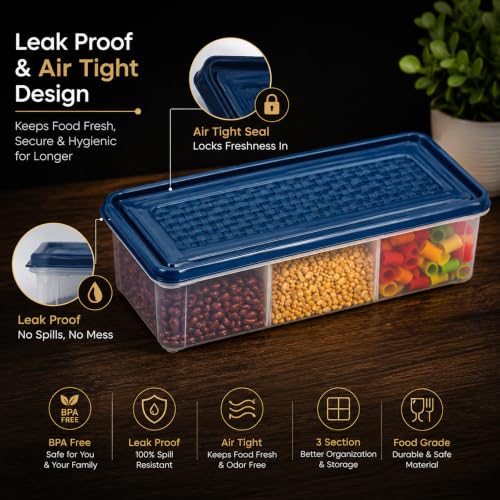 Image of MAGIC SPOON Multipurpose 3 Section Storage Container | Spice Box, Pickle Jar, Fridge Organizer, Dry Fruit, Vegetable & Kitchen Storage Container- 2000ml X 2 Pack (NAVY)