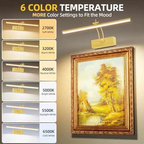 Image of 6 Colors Picture Lights Battery Operated with Remote, 16 inch Cordless Rechargeable Painting Lights with Timer for Wall, 6CCT Dimmable Display Lights for Artwork Gallery Dartboards, 4 Pack (Gold)