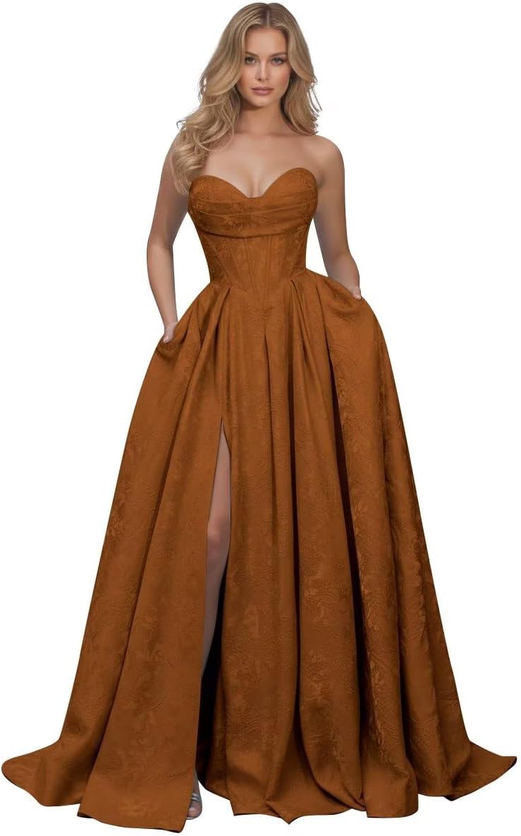 Jacquard Floral Satin Prom Dresses for Women 2026 Strapless A-Line Long Formal Evening Party Gown with Pockets