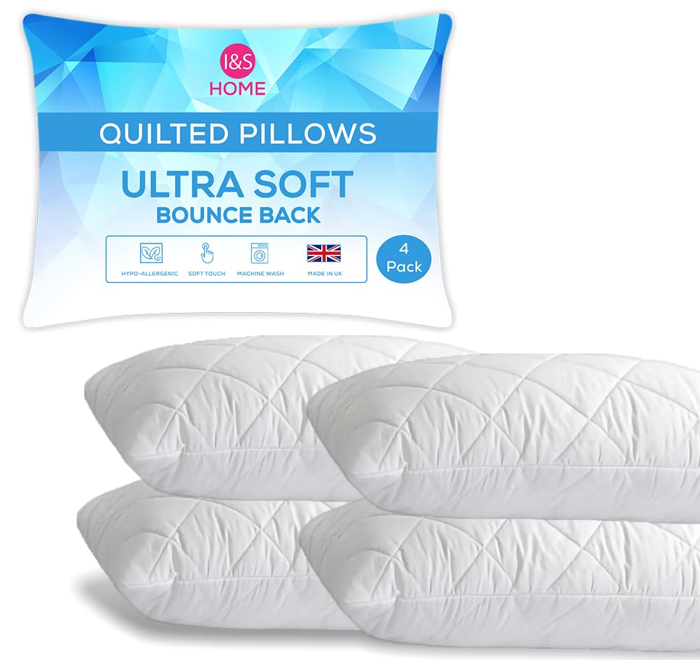 I&S Home Quilted Pillows 4 Pack Hotel Quality Soft Support Bed Pillows - Premium Polycotto...