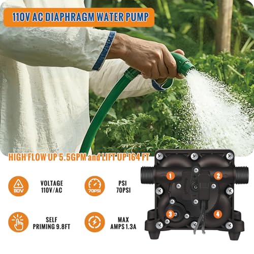 Image of YOUNGTREE 110V AC Fresh Water Pressure Transfer Pump 5.5GPM 70PSI 110Volt On Demand Self-priming Diaphragm Water Pump with Pressure Switch for RV Garden Irrigation Home Car Washing Rain Barrel