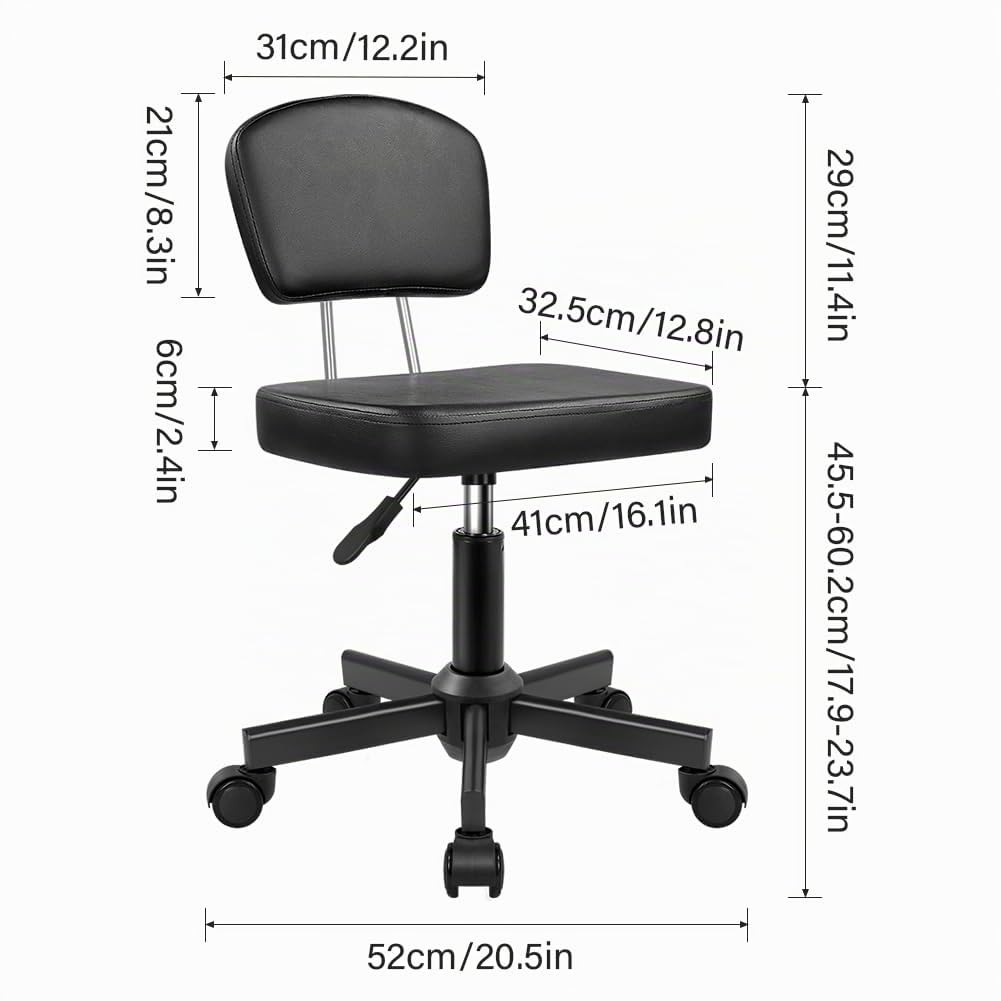WKWKER Taburete con ruedas con respaldo de altura ajustable, taburete giratorio de 360° con ruedas, asiento cuadrado, taburete de piel sintética para dormitorio, mostrador, tienda, salón, masaje