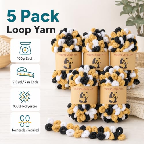 Image of Shenlin Loop Yarn 5 Packs, Chunky Chenille Yarn for Hand Knitting Blankets, Machine Washable Polyester Fluffy Thick Bulky Yarn for Scarves, Cushions, Rugs and Craft Projects