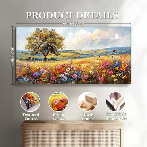 SERIMINO Rustic Landscape Large Wall Art, Tree Flower Sea Canvas Painting, Nature Country Scenery Art Prints, Bright Cottagecore Wall Pictures for Living Room Dining Room, Farmhouse Decor 30X60 Inch