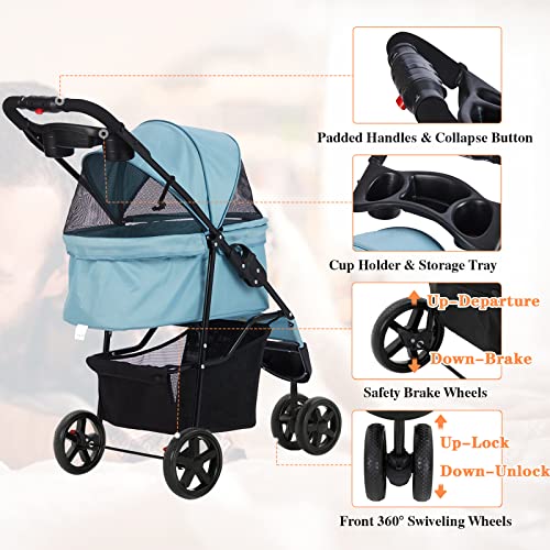 Viagdo Pet Strollers For Small Medium Dogs & Cats, 3-Wheel Cat Stroller, Foldable Dog Stroller With Removable Liner And Storage Basket For Dog & Cat Traveling Strolling Cart (Light Blue) #TOP4