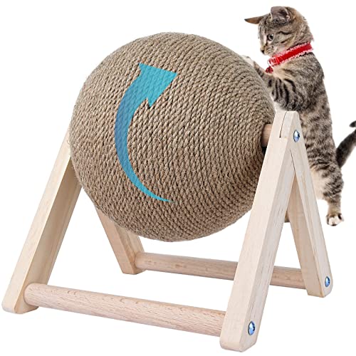 BATTIPAW Cat Scratcher Rabbit Scratching Ball Natural Sisal Scratcher Spinning Cat Ball Solid Wood Scratching Toy for Cats & Kittens Indoor Interactive Pet Toy (Burlywood)